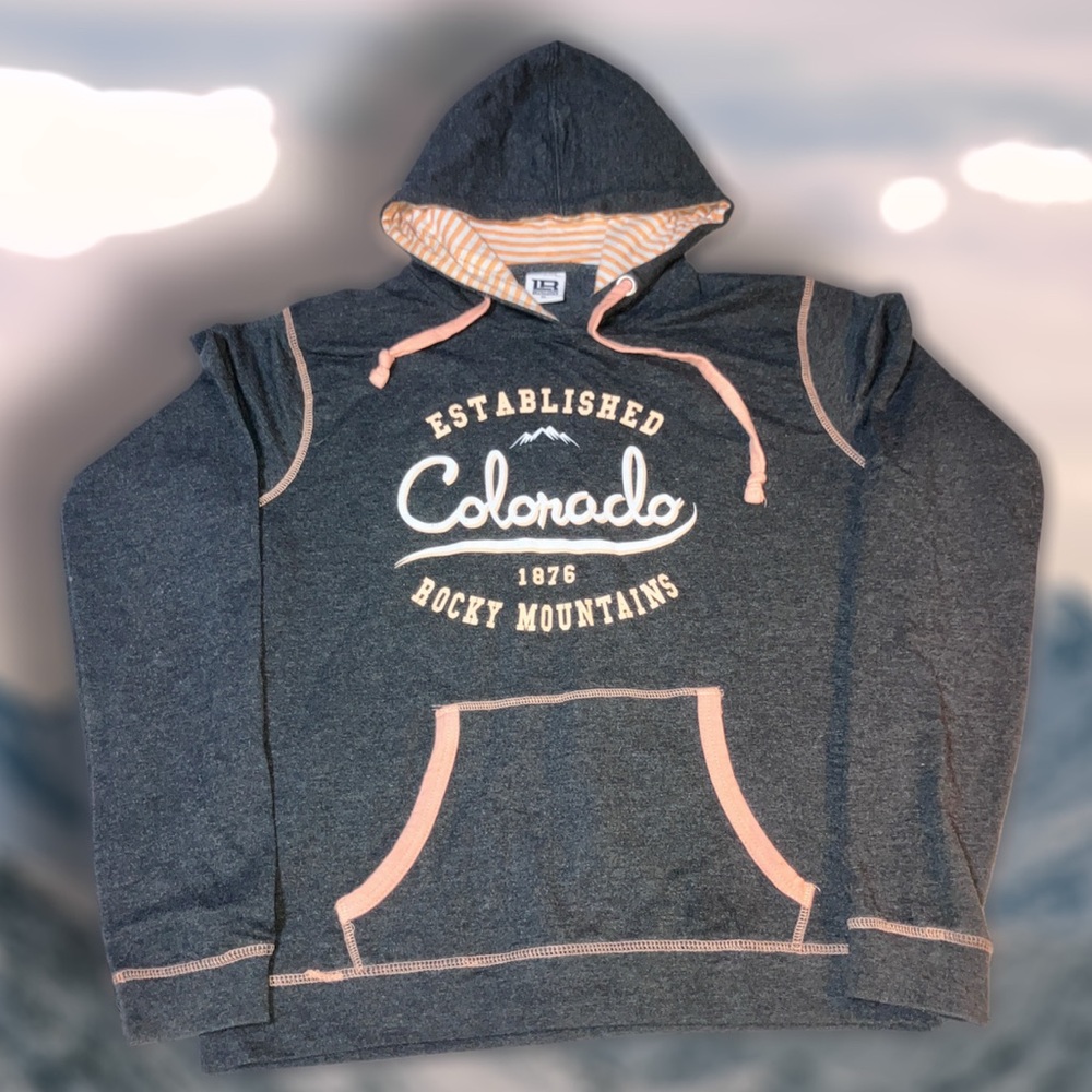 Lone Rock Clothing Co. Colorado 1876 Rocky Mountains Hooded Pullover Grey Peach
